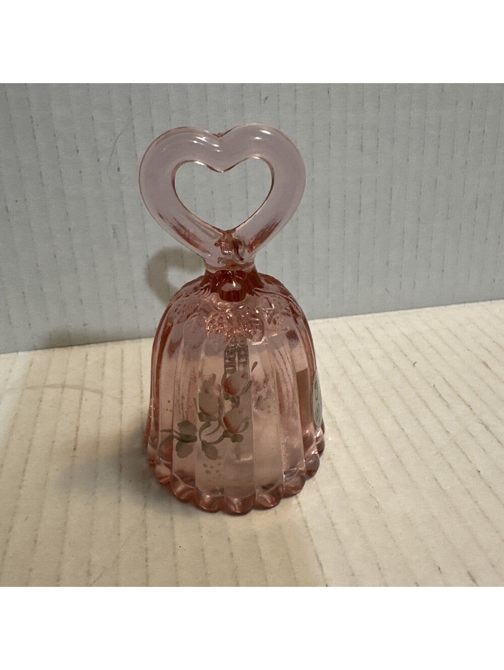 Fenton Signed Hand Painted Pink Bell with Heart Handle